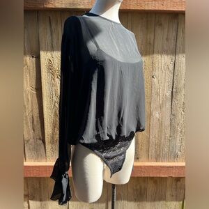 HAH lace cami bodysuit with long sleeve blousy mesh top. Size L.